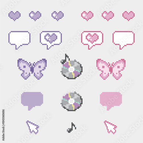 【Y2K・平成レトロ】ドット絵のガーリーなアイコン素材セット - ハート・蝶・CD・吹き出し（パステルカラー）