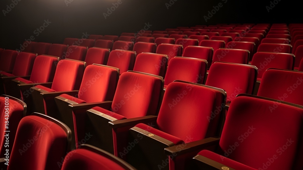 Obraz premium Rows of plush red theater seats awaiting an audience ready to immerse themselves in cinematic