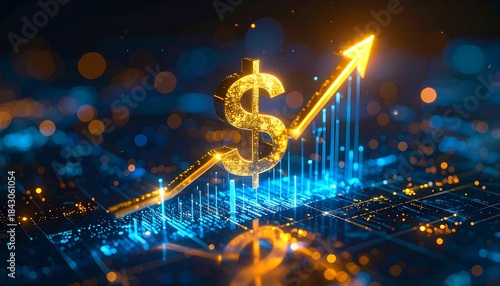 A golden dollar sign with an upward-trending arrow showing robust financial growth over a digital matrix
