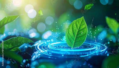 A green leaf with a glowing blue circular holographic projection, symbolizing eco-technology.