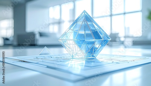 A large, glowing geometric crystal or bipyramid is displayed on a blueprint sheet in a modern, bright, minimalist office setting.