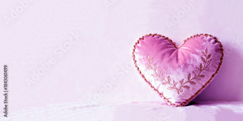 Plush decorative heart-shaped pillow with a soft velvet exterior in pink color with floral design on soft background with copy space for text 