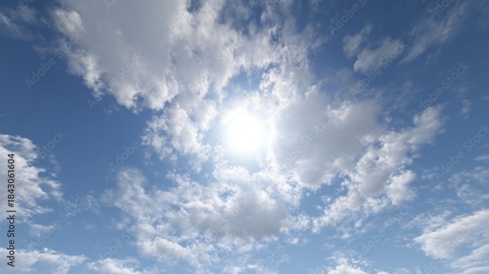 Fototapeta premium Bright sunlit sky with scattered clouds. AI image