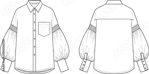  Puff sleeve shirt flat sketch, front and back view, women blouse design, button-up shirt illustration, technical fashion drawing

flat vector illustration