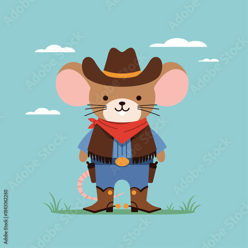 a cute cartoon cowboy mouse wearing western attire hat bandana vest boots holsters stands outdoors on grass with clouds.