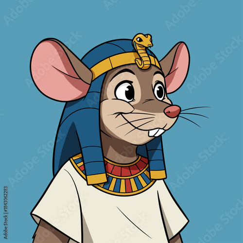 a cute cartoon mouse dressed as an ancient egyptian pharaoh wearing a nemes headdress with a uraeus cobra and a colorful broad collar smiling on a plain blue background representing ancient history.