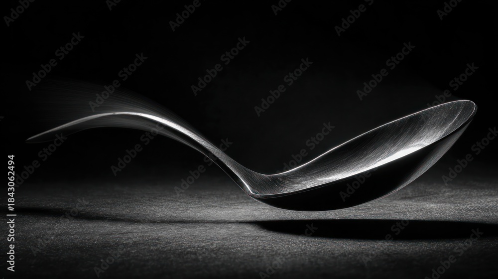 Fototapeta premium Silver spoon levitates against a stark, dark background, accentuated by dramatic lighting
