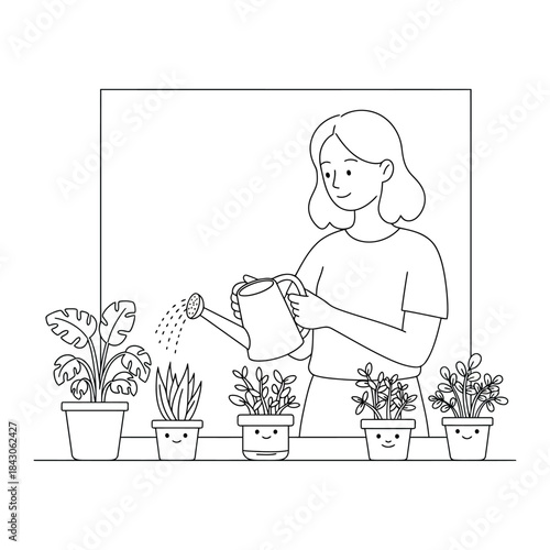 woman watering indoor houseplants with smiling faces simple line art illustration for home gardening self care and eco lifestyle