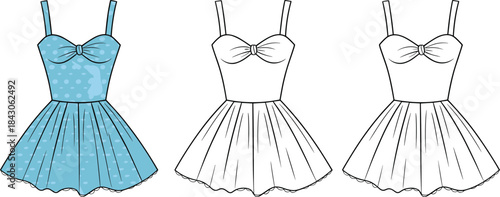  Adorable polka dot flared mini dress fashion flat sketch, sleeveless summer outfit template, technical illustration for fashion designers and brands

flat vector illustration