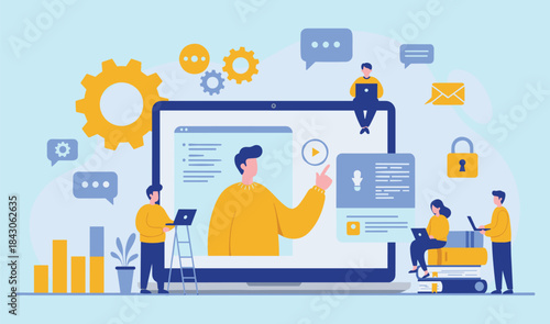 Collaborative Teamwork in Digital Workspace: Creative Professionals Working Together on Projects, Communication, and Innovation flat vector illustration