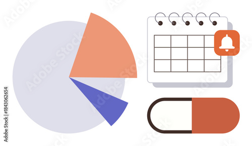 Pie chart, pill, calendar with a notification icon representing time management, health, planning, medical tracking, wellness, productivity and healthcare organization. Ideal for simple flat