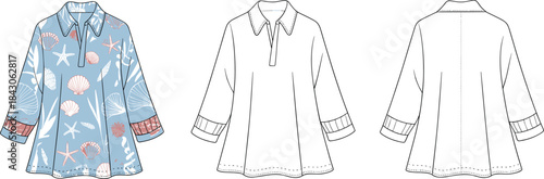  Beach themed women’s tunic top with sea shell pattern, half sleeve collar design, casual summer wear for vacation and resort

flat vector illustration