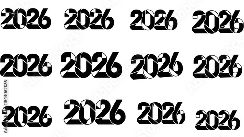 Year 2026 typography variations in black and white for design templates