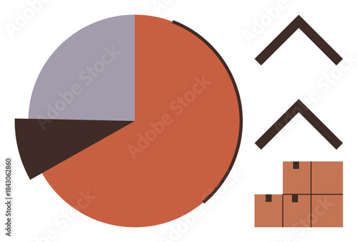 Pie chart displaying segmented data next to upward arrows and stacked boxes. Ideal for statistics, growth, logistics, data distribution, business strategy, market analysis, simple flat metaphor