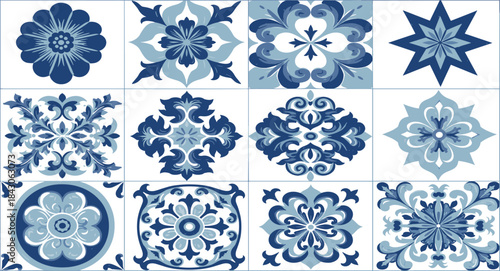 Beautiful collection of traditional Portuguese Azulejo tile designs, featuring intricate blue and white patterns perfect for decorative backdrops, artistic murals, and vintage inspired decor