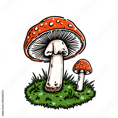 Amanita muscaria illustration, fly agaric, poisonous toadstool drawing, fantasy forest fungi, retro style mushroom doodle, cottagecore vintage artwork, red spotted cap, botanical nature vector
