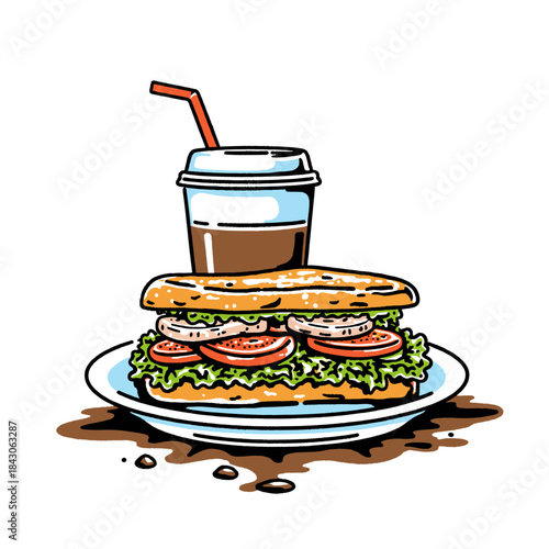 Doodle style sub sandwich and drink illustration, fast food lunch combo, deli hero, baguette, hoagie, soda cup, hand drawn junk food, colorful vector art