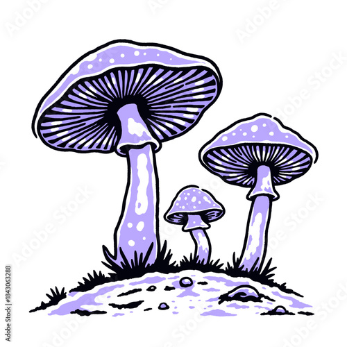 Purple psychedelic mushrooms illustration, violet fantasy fungi, toadstools drawing, mystical botanical cartoon, magic forest group, isolated graphic art
