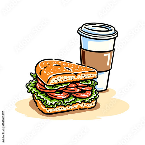 Deli sandwich and coffee illustration, cartoon lunch combo drawing, sub roll, hoagie, fresh tomato, lettuce, takeaway cup, breakfast, fast food icon, pop art meal