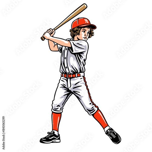 Bild auf Leinwand Baseball player batting illustration, young boy batter ready to hit, vintage com