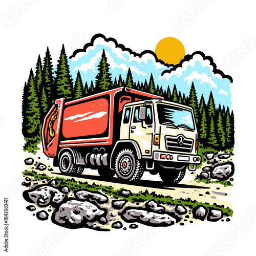 Garbage truck illustration, retro pop art style, refuse collector vehicle in forest, mountain environment, pine trees, nature, waste management, municipal service, cartoon graphic