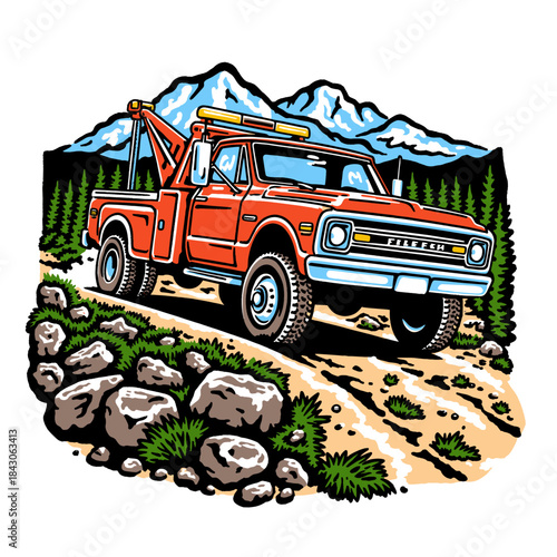 Vintage tow truck illustration, classic retro wrecker 4x4, mountain off-road adventure, wilderness rescue vehicle, forest landscape design, rugged pickup art.