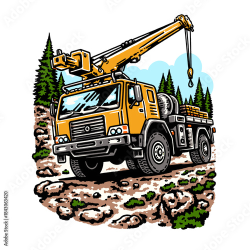 Heavy-duty crane truck illustration, yellow boom truck vintage style mascot design, off-road construction vehicle, forest logging lifting machinery, rugged transportation art