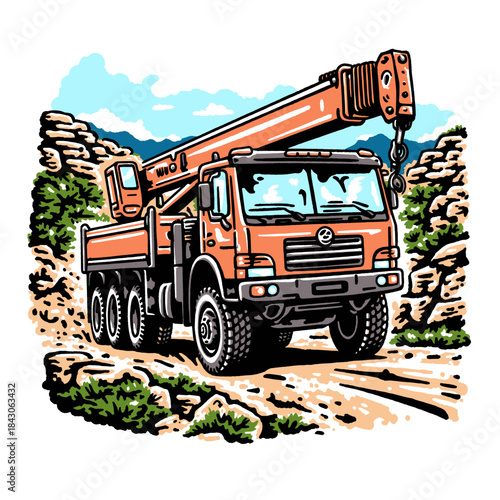 Vintage crane truck illustration, heavy construction equipment, boom truck, off-road transport, industrial machinery artwork, retro cartoon drawing, mountainside road.