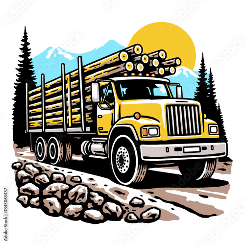 Logging truck illustration, timber hauler, yellow log lorry vector art, retro logger design, heavy machinery, forest industry, mountains, trees, vintage mascot