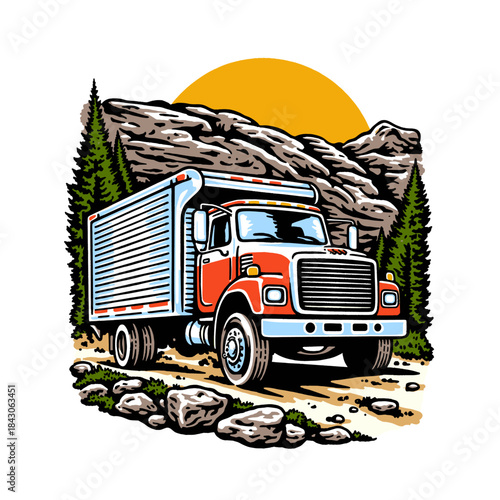 Delivery truck vintage illustration, box truck graphic design, mountain transport, adventure, off-road driving, rugged logistics, nature landscape, retro vector art, t-shirt print design