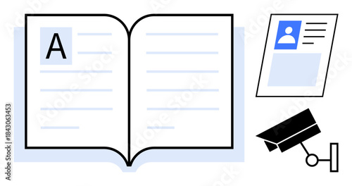 Information concept. Open book, personal document, and security camera the relationship between information, personal records, and data surveillance. For education, privacy awareness, digital rights