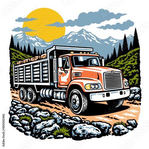 Dump truck illustration, heavy equipment, rocky road construction, off-road machinery, retro vector art, mountain landscape, sunset, forest, mining transport, rugged vehicle