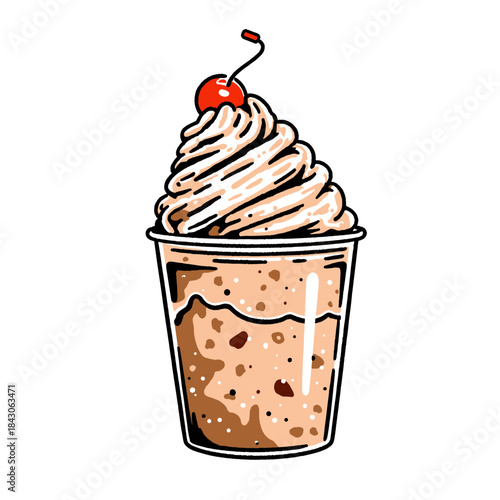 Milkshake illustration, chocolate chip smoothie, vintage dessert art, whipped cream topping, retro drink doodle, cherry on top, cold beverage, sweet treat, fast food menu design, summer refreshment