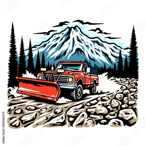Vintage red snow plow truck illustration, retro mountain landscape, winter utility vehicle, classic pickup art, heavy duty truck, snowy mountain peak, forest, adventure