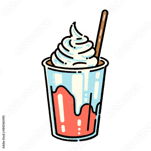 Dessert drink illustration, whipped cream soda, sweet beverage, summer treat, iced shake, float, cartoon drawing, retro pop art sticker, pink refreshment