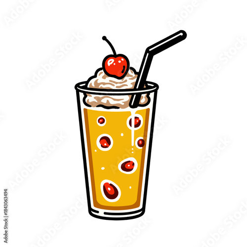 Retro soda float illustration, milkshake, sweet drink, dessert, summer refreshment, vintage diner cartoon, whipped cream, cherry topping, bright, vector