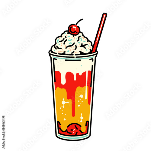 Milkshake float illustration, retro diner sweet drink, whipped cream cherry sprinkles, vintage cartoon beverage, summer ice cream treat