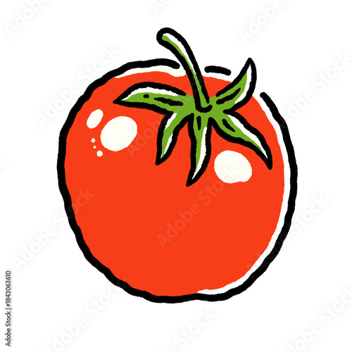 Tomato illustration, retro food art, bold graphic style, red vegetable, fresh produce, comic style doodle, kitchen decor, healthy eating icon, gardening, vector, hand-drawn sketch