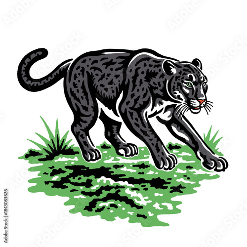 Black Panther vintage illustration, mascot design, wild cat jungle animal, hunting stance, retro apparel graphic print, logo element, predatory black jaguar