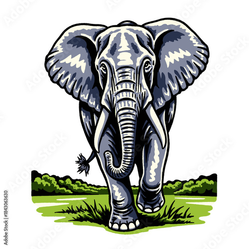 Elephant vector illustration, angry charging safari animal mascot, wild life drawing, powerful jumbo head, retro vintage cartoon style art, wildlife design