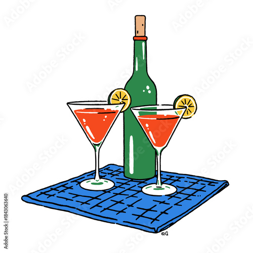 Cocktail illustration, wine bottle, two martinis, red drinks, lemon garnish, bar art, alcohol, happy hour, picnic, summer, cartoon style, beverage drawing