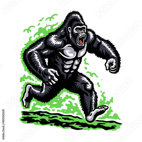 Charging gorilla mascot, roaring primate illustration, running ape, wild animal artwork, neon green splash, retro cartoon, vintage poster print design, streetwear, energetic, aggressive