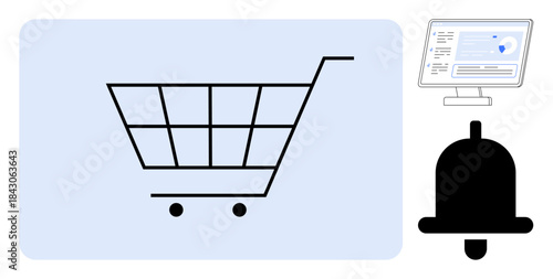E-commerce, online shopping, UI design, notifications, digital marketplace, user interface. Features a shopping cart, notification bell and a desktop display. E-commerce and UI design concept