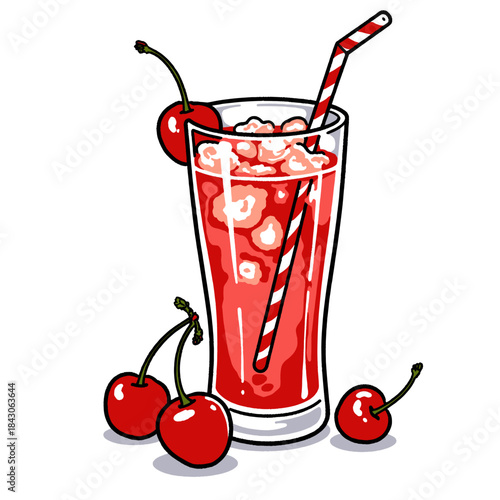 Cherry soda drink cartoon illustration, retro pop art style, summer beverage, red crushed ice, sweet refreshing fruit cocktail, maraschino, isolated icon