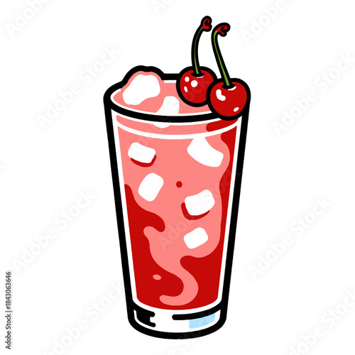 Cherry soda pop art illustration, refreshing summer cocktail drink, iced juice graphic, retro cartoon beverage sticker, sweet cherries garnish