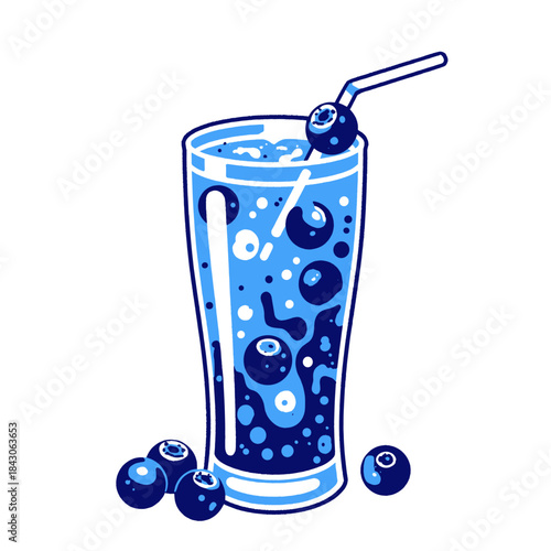 Blueberry drink illustration, berry smoothie, juice, cocktail, soda, vintage style graphic, retro pop art beverage, summer refreshment, indigo blue color