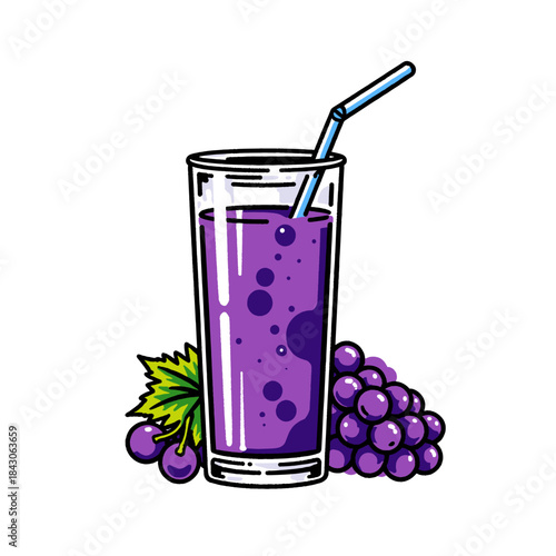 Grape juice cartoon illustration, purple beverage in glass with straw, fresh grapes, doodle art, fruit drink, summer refreshment, menu design element