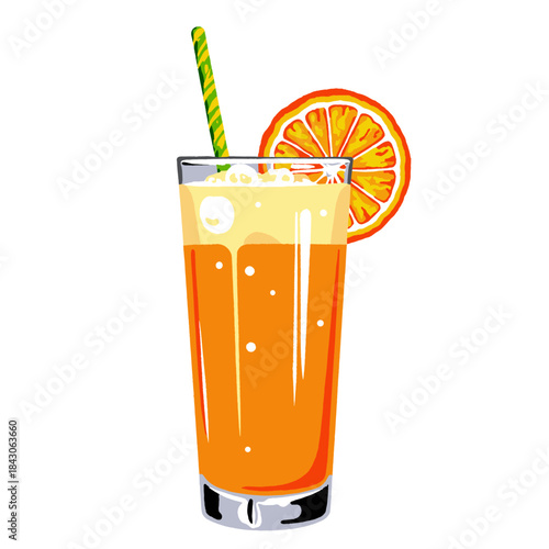 Orange cocktail illustration, refreshing summer drink, citrus juice, soda, fizzy beverage, tropical mixer, tall glass, straw, garnish, isolated art