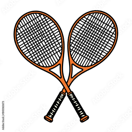Crossed tennis rackets illustration, vintage sports equipment vector art, retro orange black graphic, game, tournament, competition symbol, court, tennis club icon