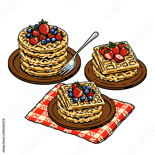 Pancakes Waffles stack, breakfast brunch food illustration, syrup berries strawberries blueberries, retro comic style, sweet dessert, cafe menu graphic, vector art